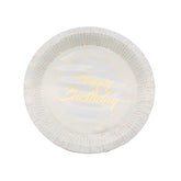 Happy Birthday G.Plate(18CM,10PCS) with gold lettering on a white plate for celebration.